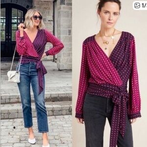 Anthropologie Maeve Wrap Front Mixed-Print Blouse in Magenta and Navy - Women
